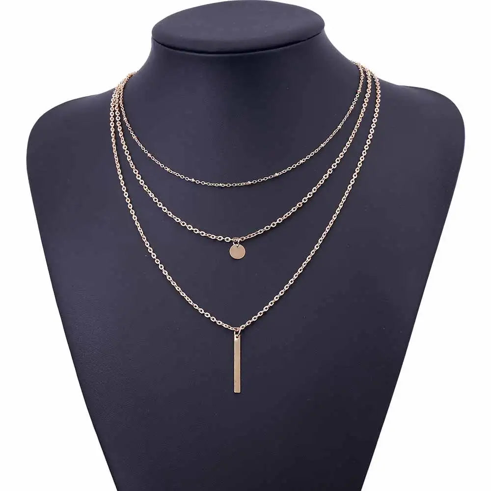 Women Fashion Gold Color 3 Layers Chain Necklace