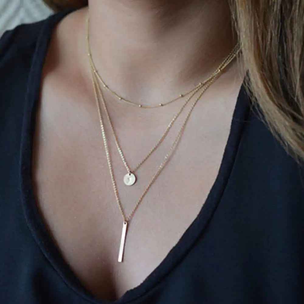 Women Fashion Gold Color 3 Layers Chain Necklace