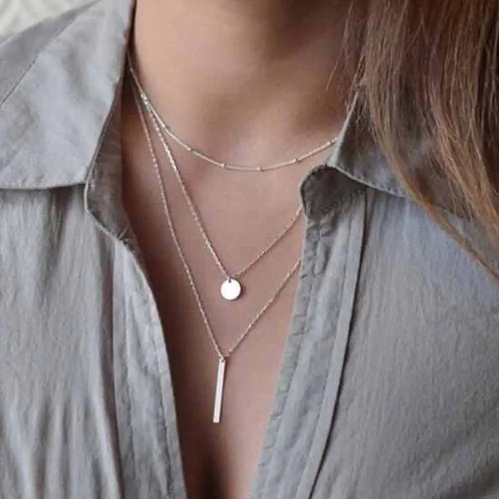 Women Fashion Gold Color 3 Layers Chain Necklace